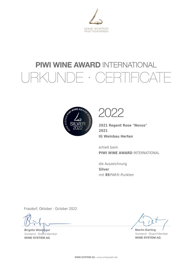 Silber für den Hertener Steinacker Spätburgunder Spätlese 2020 beim Wine Award International 2022